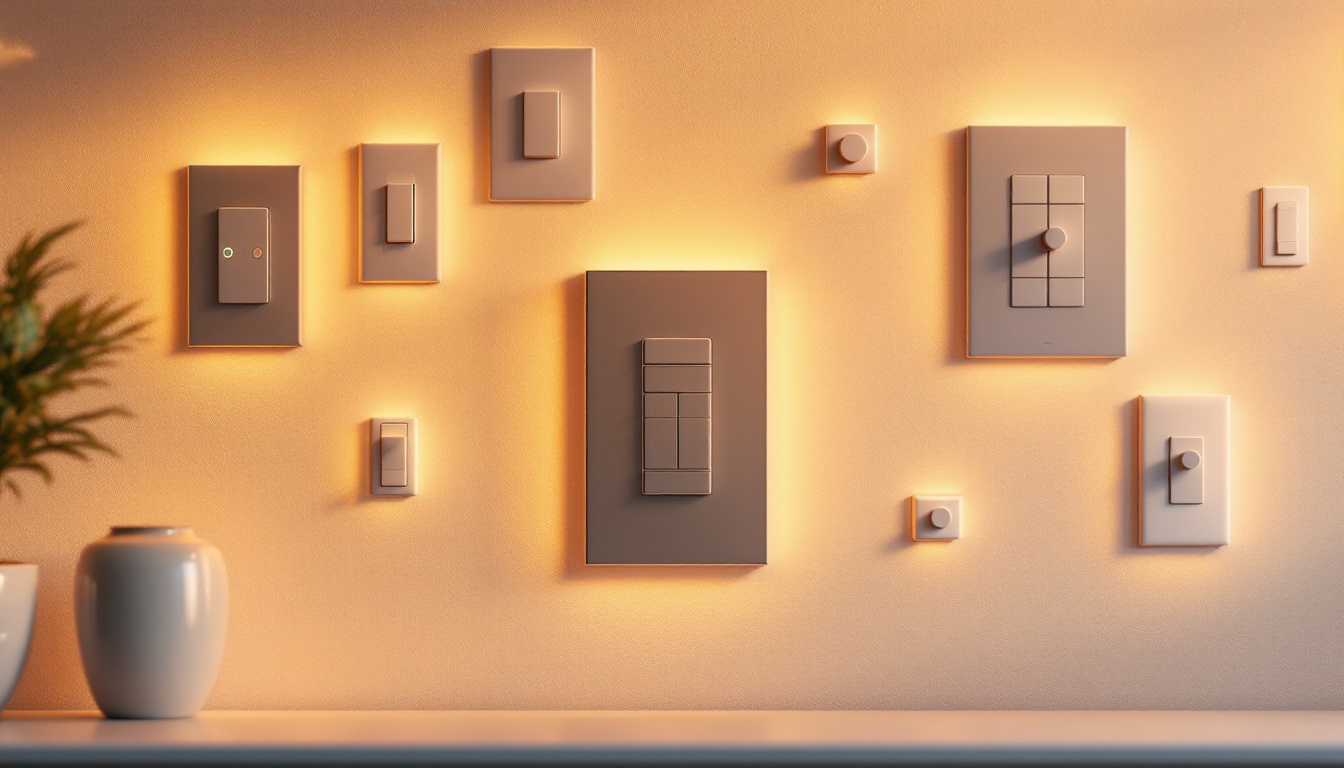 A photograph of a variety of light switches in a modern home setting