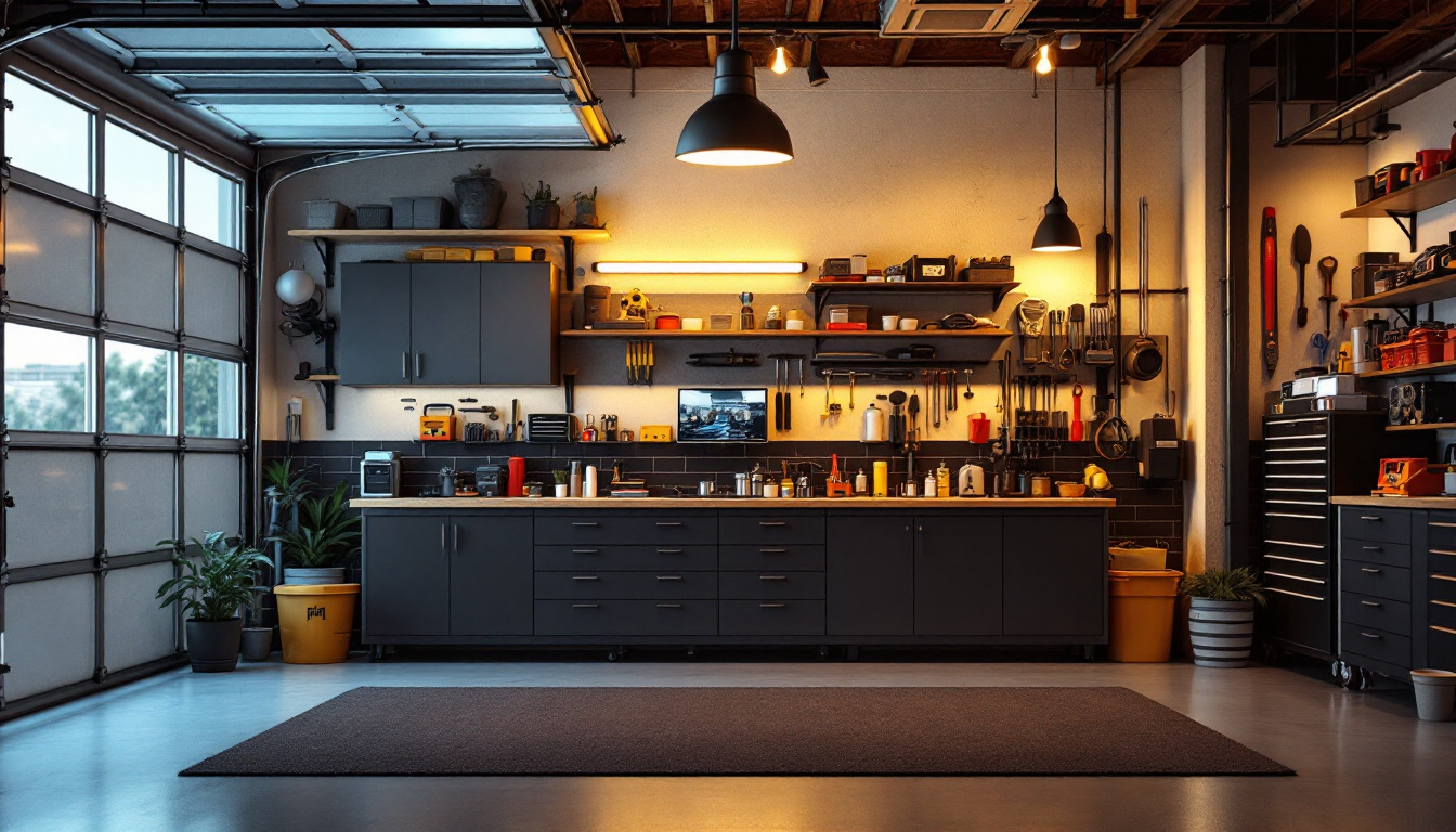 A photograph of a well-lit garage showcasing the new led fluorescent garage-ready high-lumen bulbs in action