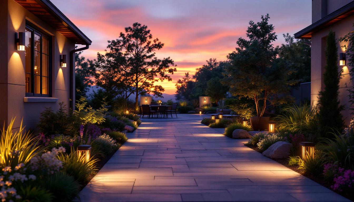 A photograph of a beautifully illuminated outdoor space transitioning from the warm glow of sunset to the soft ambiance of dusk