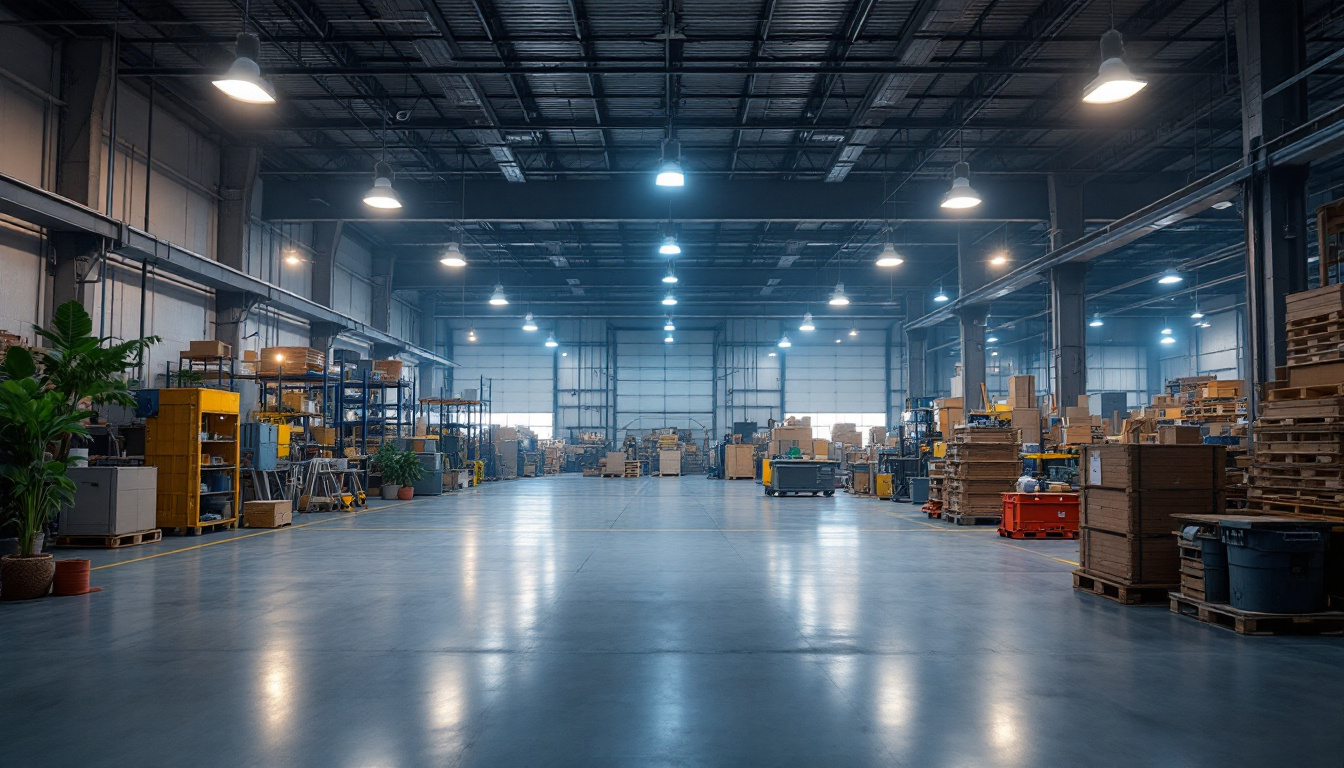 A photograph of a brightly lit industrial workspace featuring high bay led shop lights