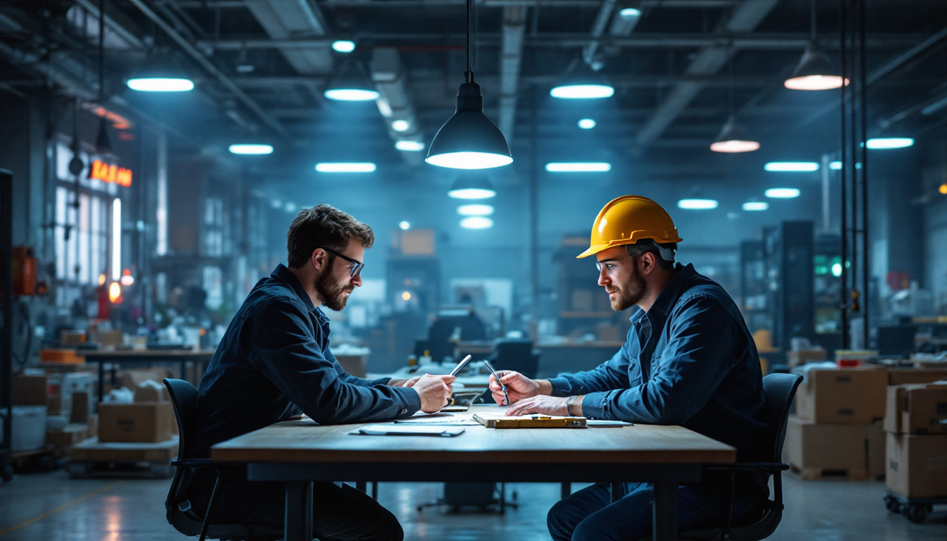 A photograph of capture a photograph of a well-lit industrial workspace showcasing rab industrial lighting fixtures in action