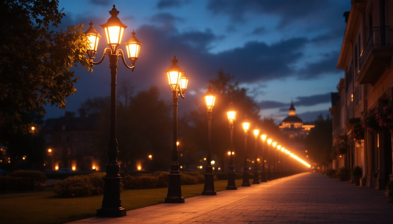 A photograph of a well-lit street scene at dusk