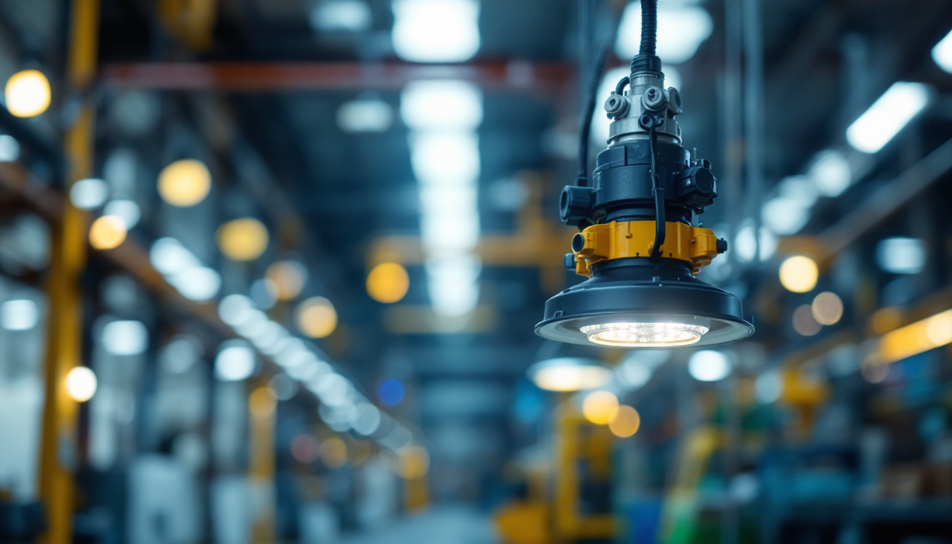 A photograph of an explosion-proof lighting fixture in an industrial setting