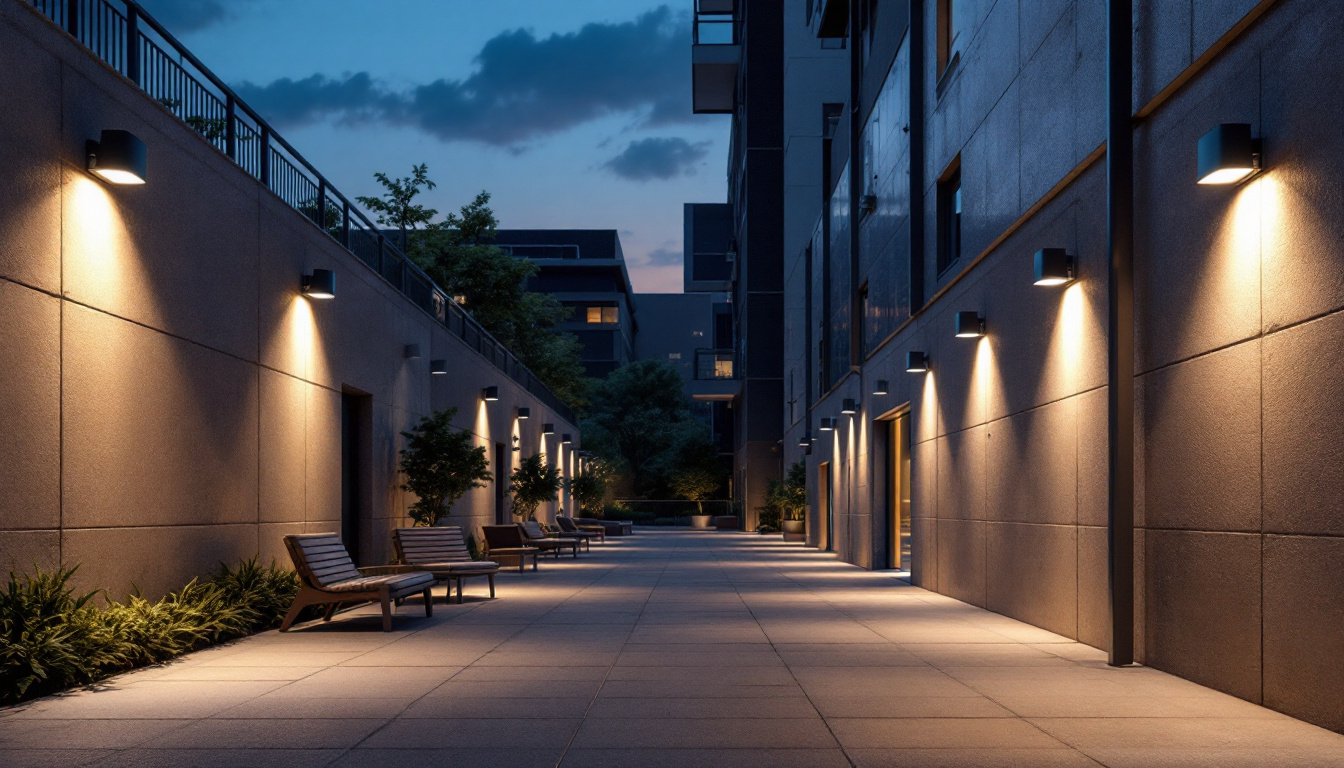 A photograph of a well-lit outdoor area showcasing various led wall packs installed on a building