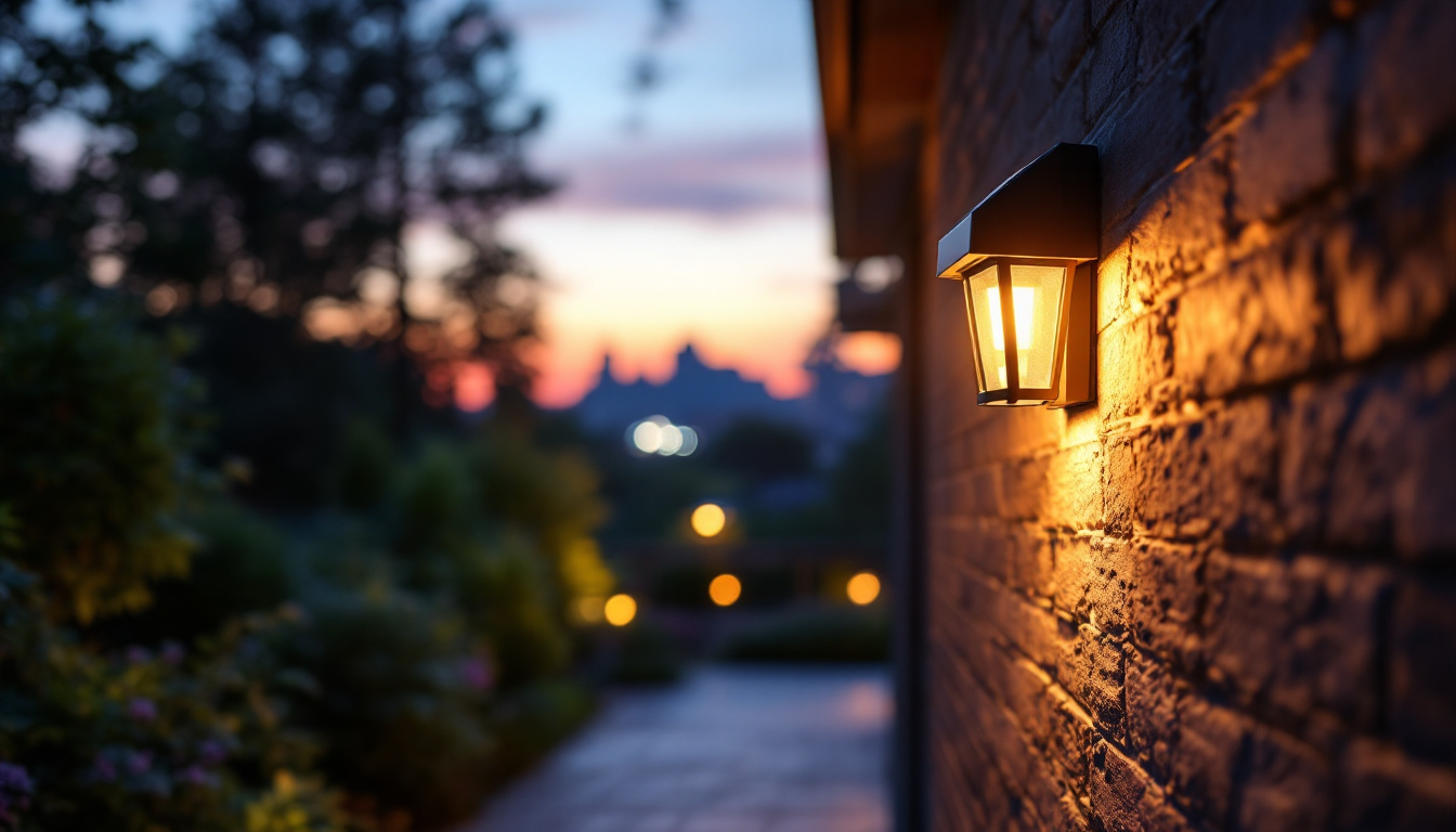 A photograph of a beautifully illuminated outdoor space featuring solar external wall lights