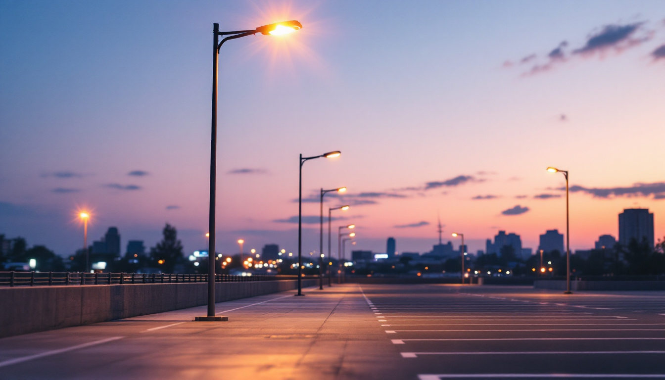 A photograph of a well-lit parking lot showcasing a light pole in the foreground