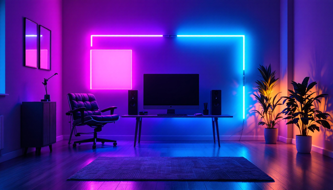 A photograph of a modern interior space featuring vibrant led light panels illuminating the room