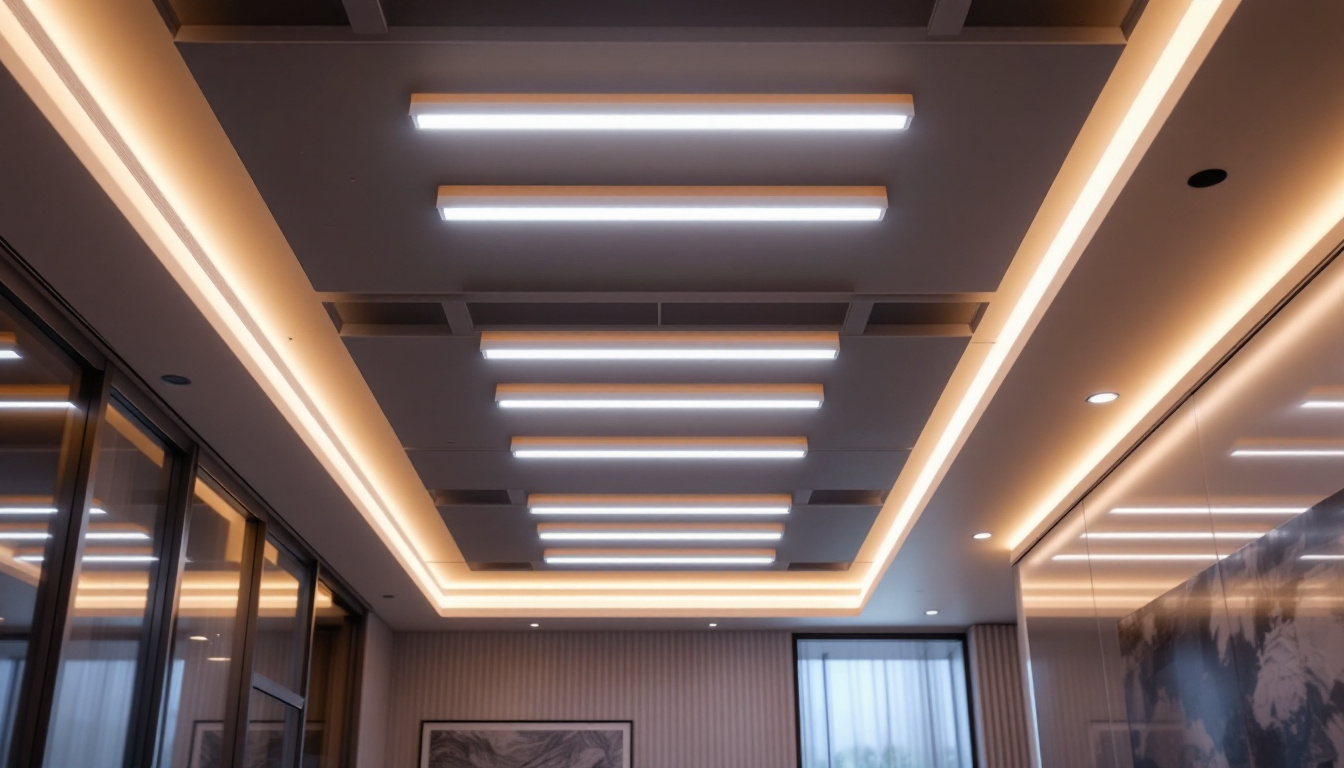 A photograph of a modern drop ceiling installation featuring sleek led lights
