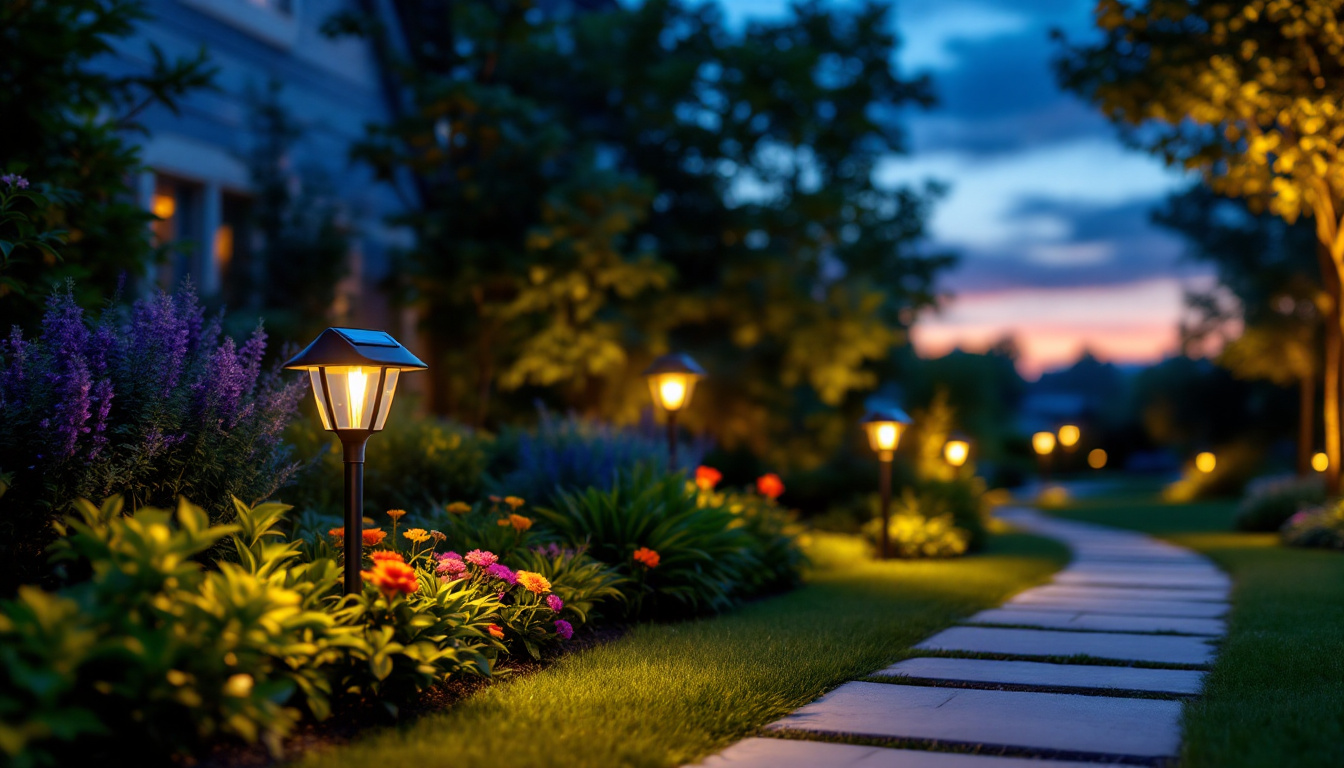 A photograph of a beautifully landscaped garden at dusk