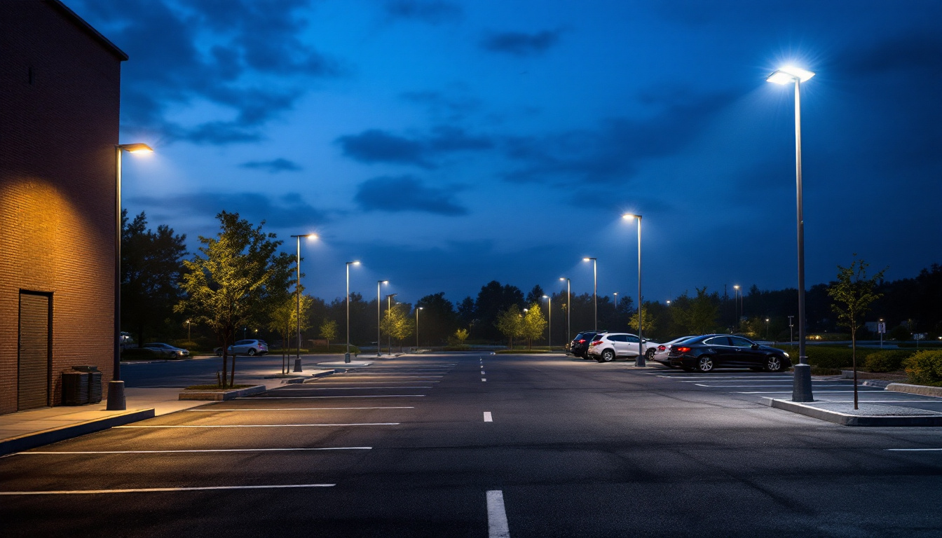 A photograph of capture a photograph of a well-lit parking lot at dusk