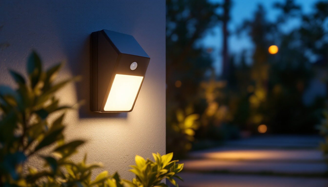 A photograph of a sleek outdoor led motion sensor light installed in a garden or pathway at dusk