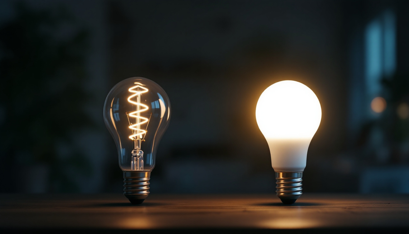 A photograph of a side-by-side comparison of a fluorescent light bulb and an led bulb