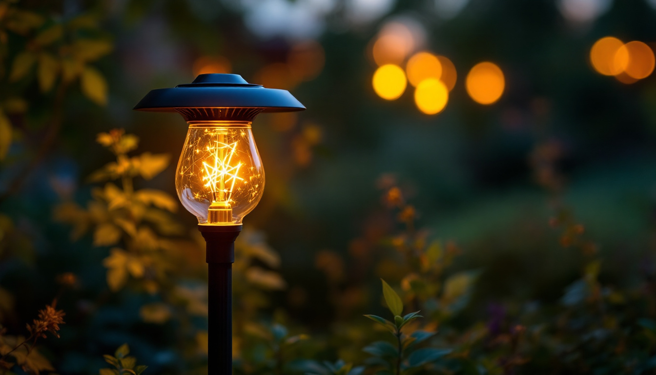A photograph of a solar bulb lamp illuminated at dusk