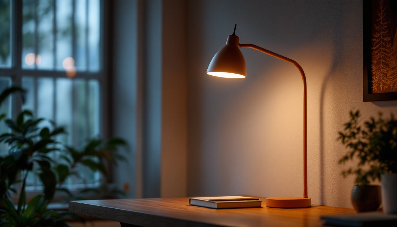 A photograph of a stylish gooseneck light fixture illuminating a cozy workspace or reading nook