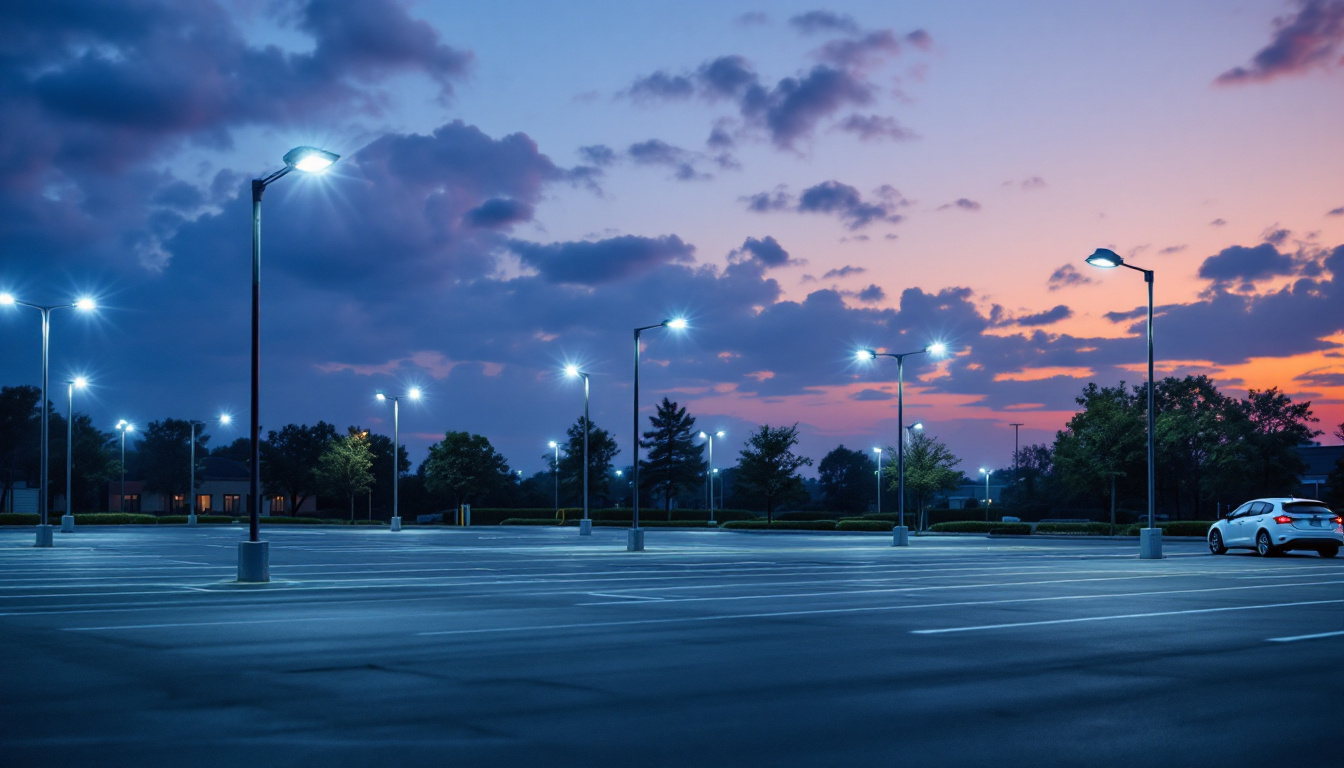 A photograph of capture a photograph of a well-lit parking lot at dusk