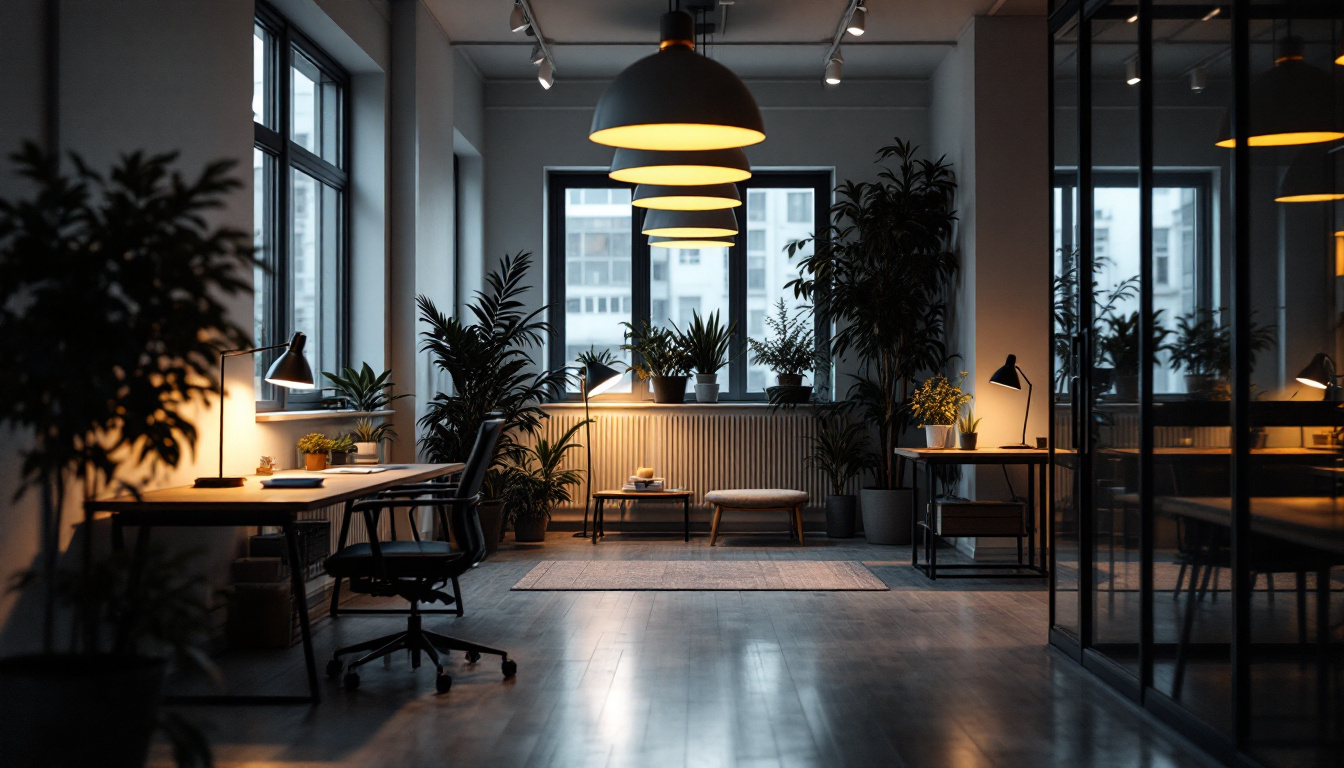 A photograph of capture a photograph of a modern office space illuminated by a variety of lighting options