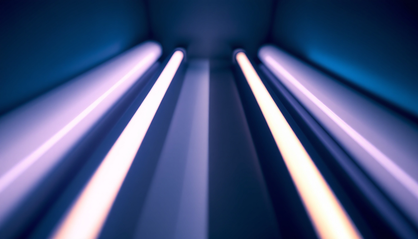 A photograph of a side-by-side comparison of traditional fluorescent tubes and led replacement tubes illuminated in a well-lit setting
