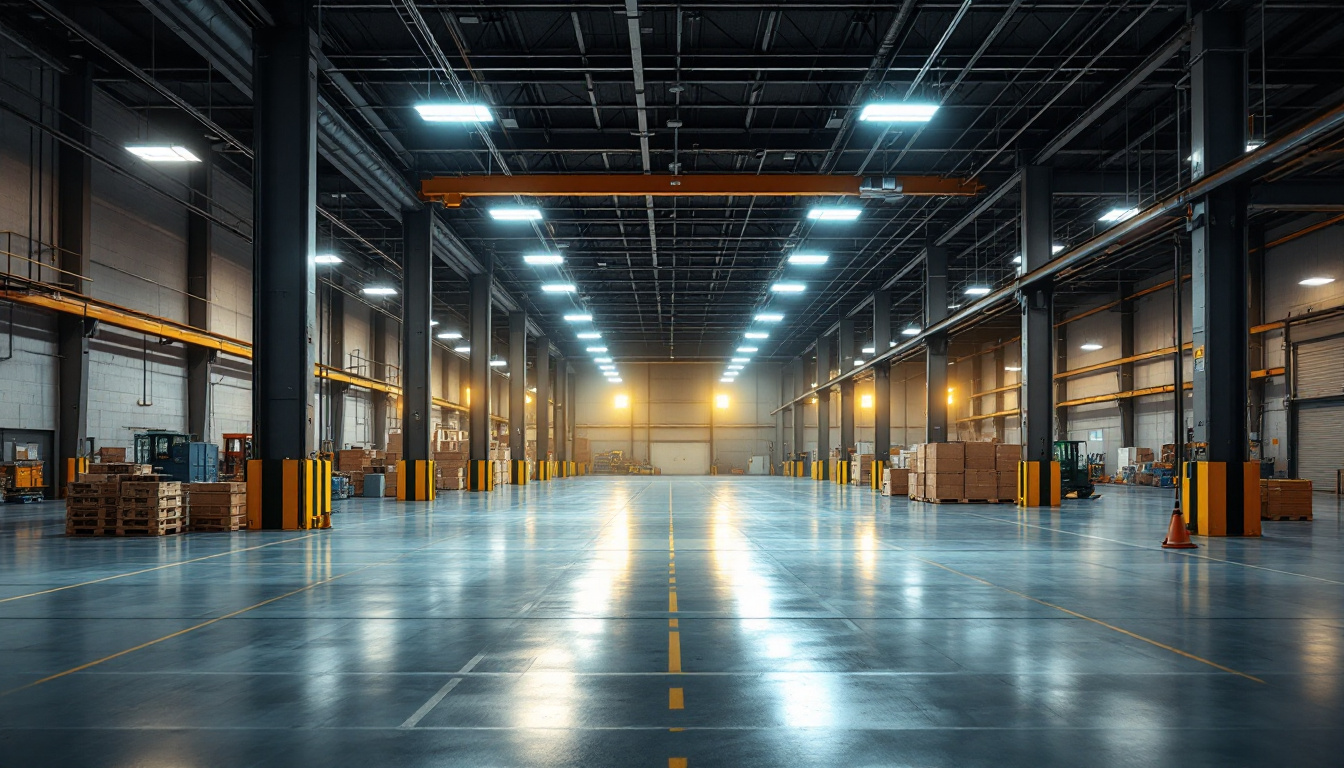A photograph of a well-lit industrial space showcasing led high bay lights in action