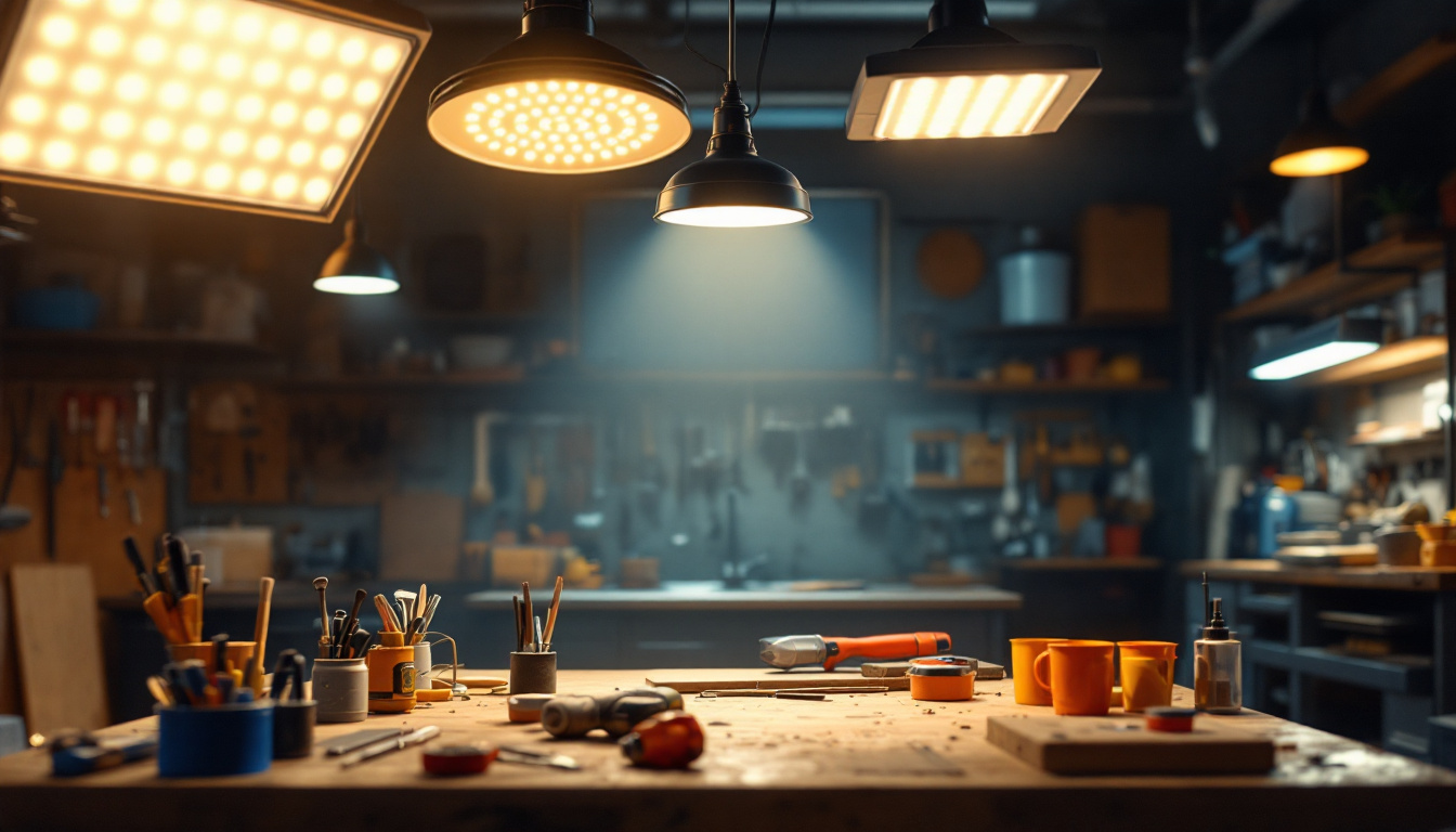 A photograph of a well-lit workshop or garage featuring various led shop lights in use