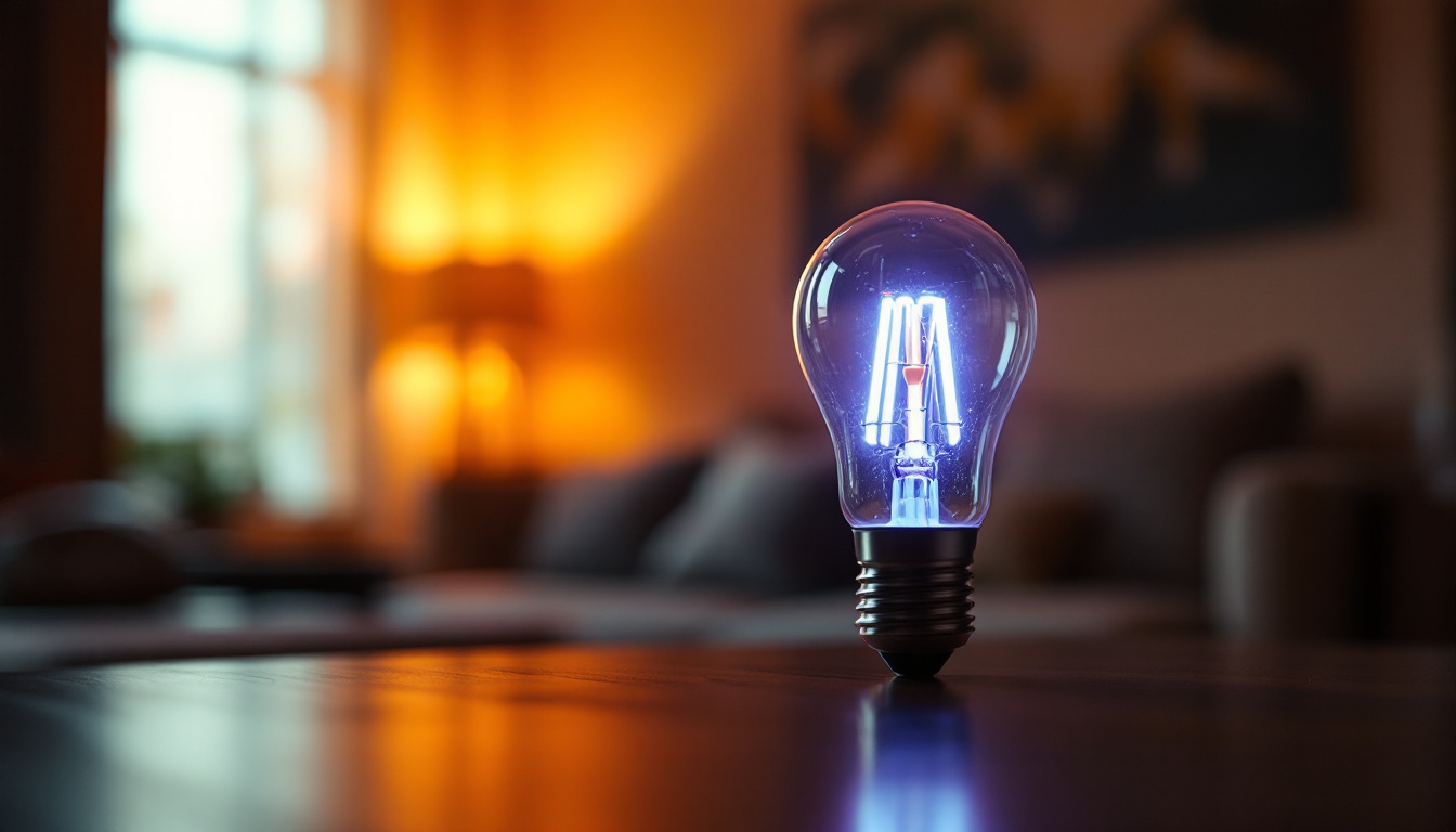 A photograph of a t5 bulb illuminated in a stylish setting