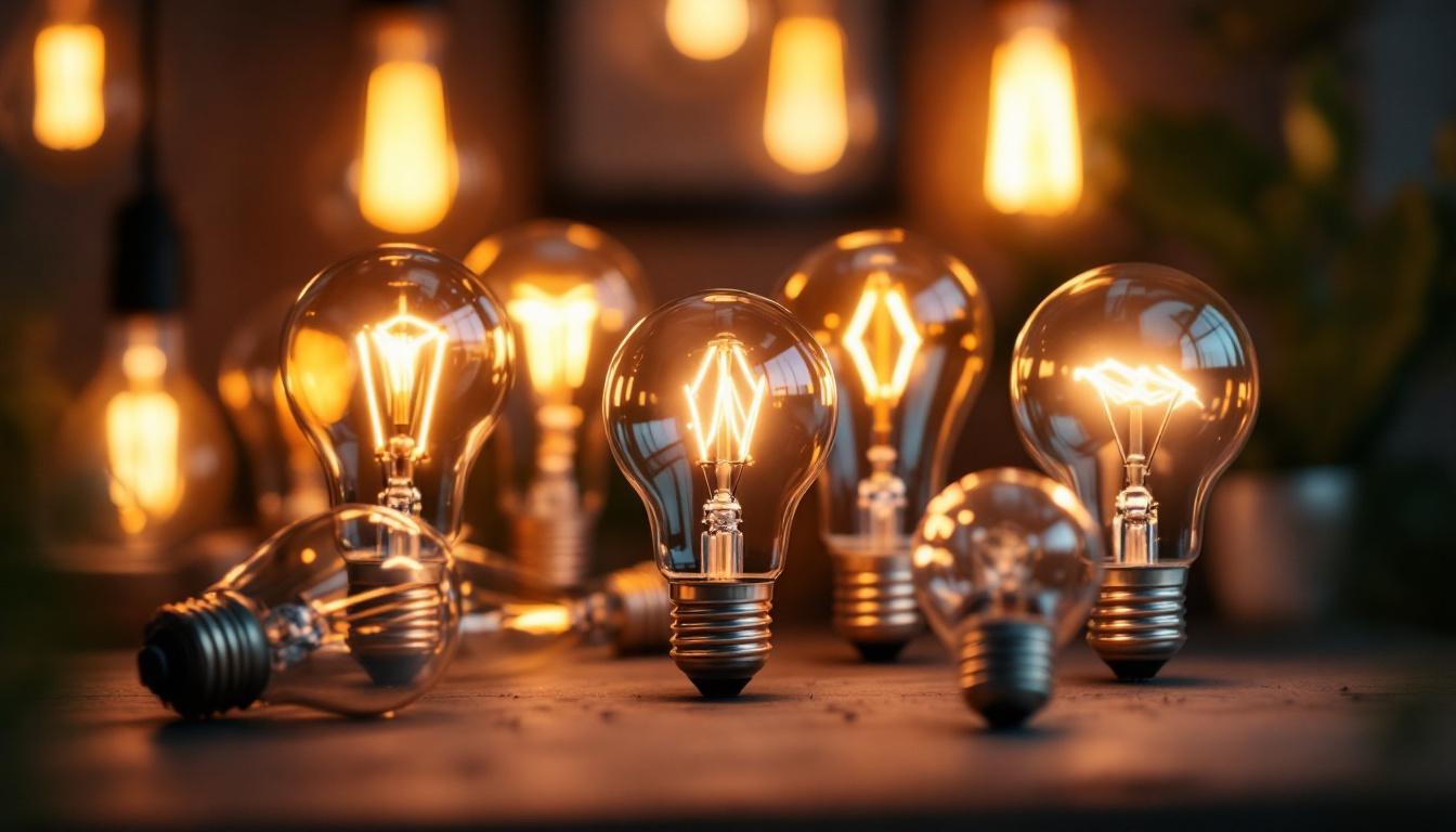 A photograph of a variety of b type light bulbs displayed in an aesthetically pleasing arrangement