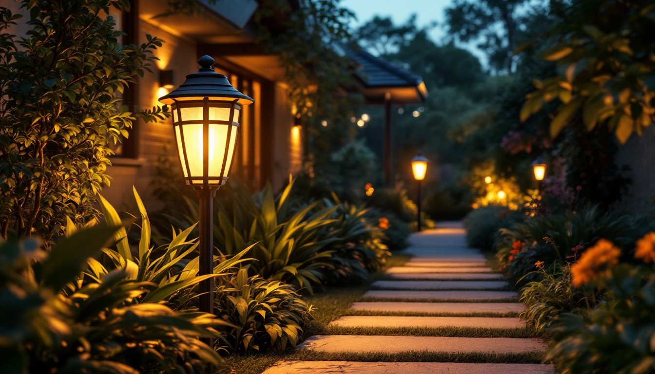 A photograph of capture a photograph of a beautifully designed solar exterior lamp illuminating a garden pathway at dusk