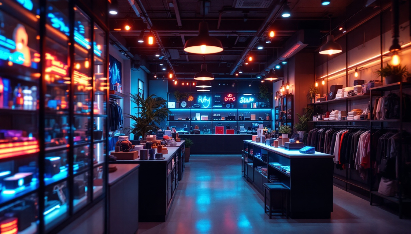 A photograph of a well-lit retail space showcasing vibrant led lights highlighting merchandise