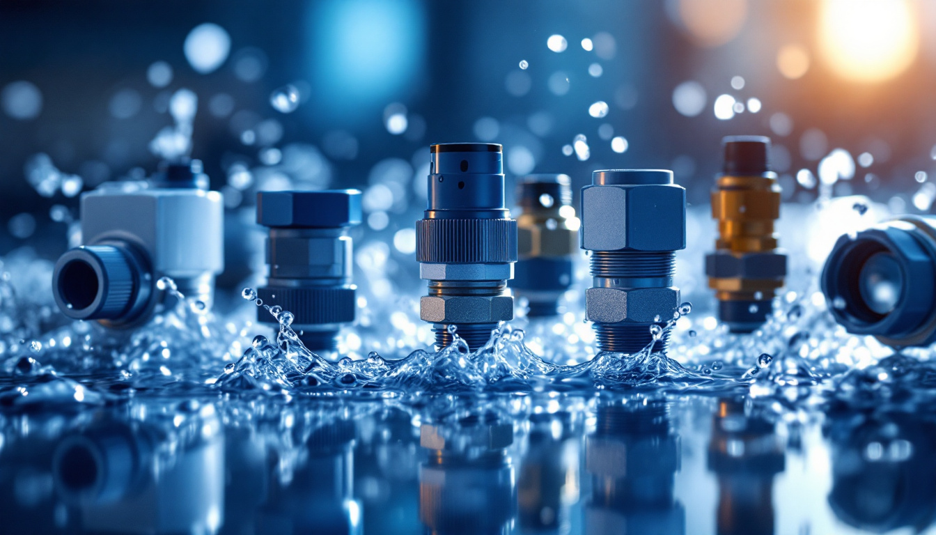 A photograph of a close-up shot of various waterproof electrical connectors in a well-lit setting
