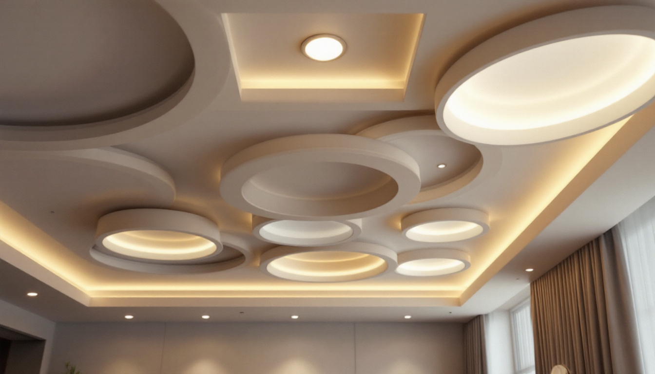 A photograph of a beautifully designed ceiling featuring various recessed light fixtures in a modern interior setting