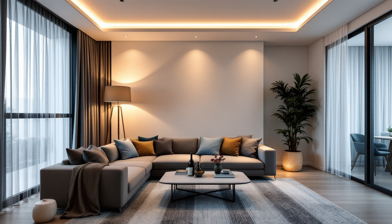 A photograph of a stylish living room showcasing a modern recessed lighting setup