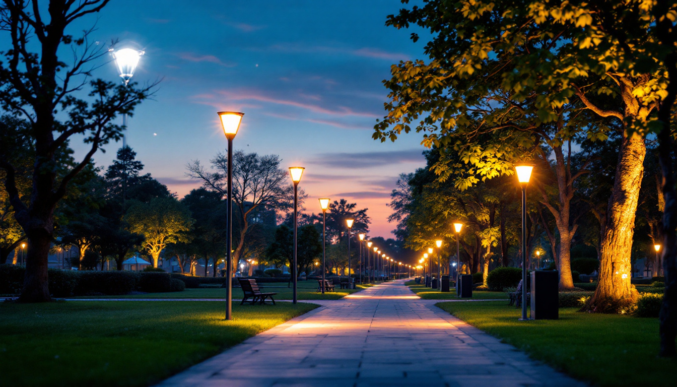 A photograph of a vibrant outdoor scene featuring led pole lights illuminating a park or pathway at dusk
