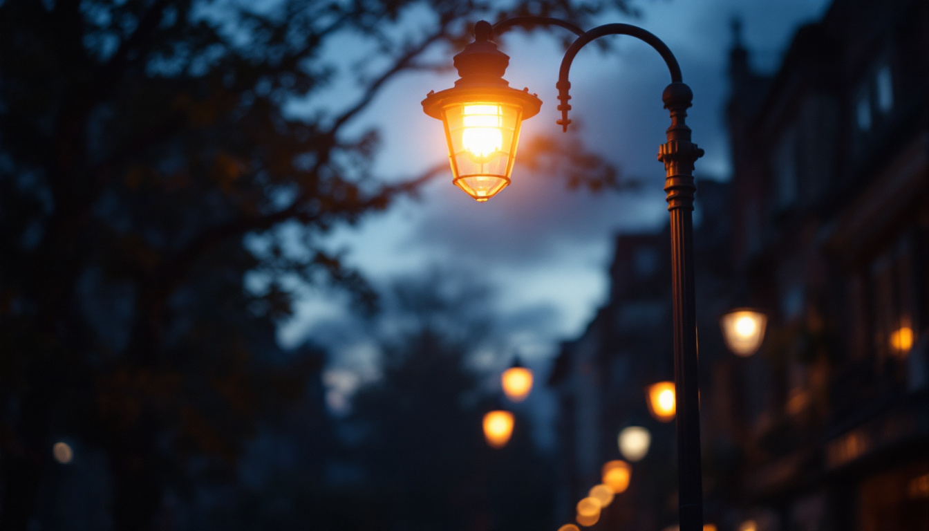 A photograph of capture a photograph of a street lamp pole illuminated at dusk