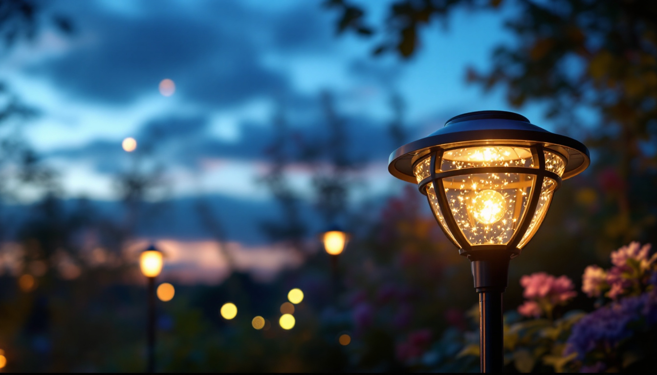 A photograph of a beautifully designed solar lamp illuminating a pathway or garden at dusk