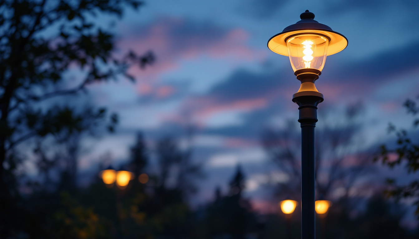 A photograph of a beautifully illuminated outdoor light pole at dusk