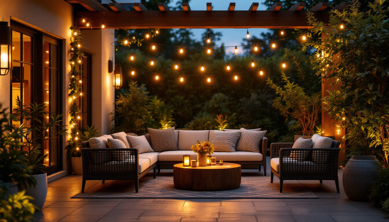 A photograph of a beautifully lit outdoor patio scene at dusk