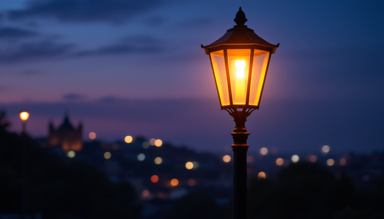 A photograph of a beautifully illuminated lamp post at dusk