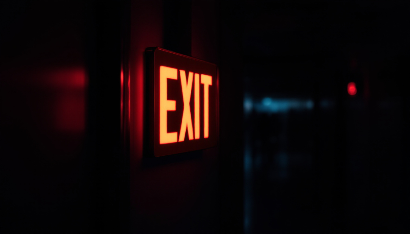 A photograph of a well-lit exit sign in a dimly lit corridor