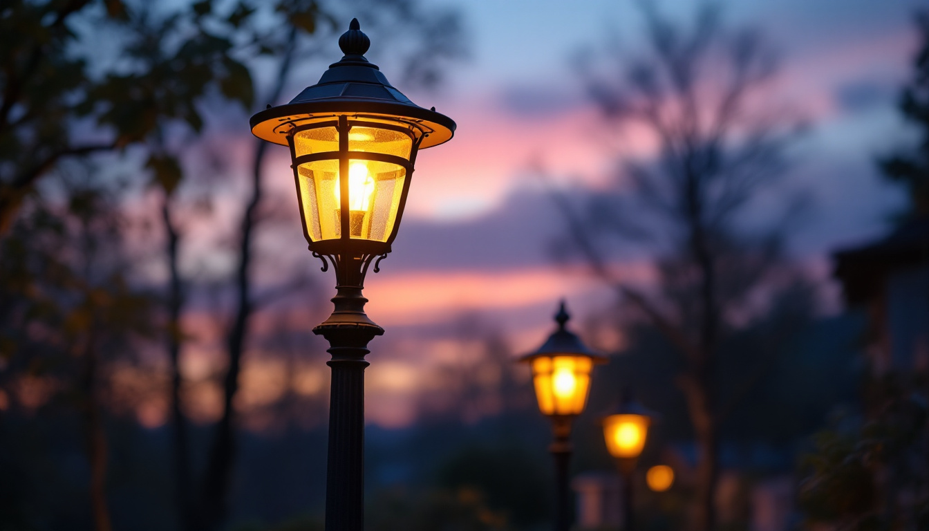 A photograph of a solar lamp installed on a decorative lamp post in a picturesque outdoor setting during twilight