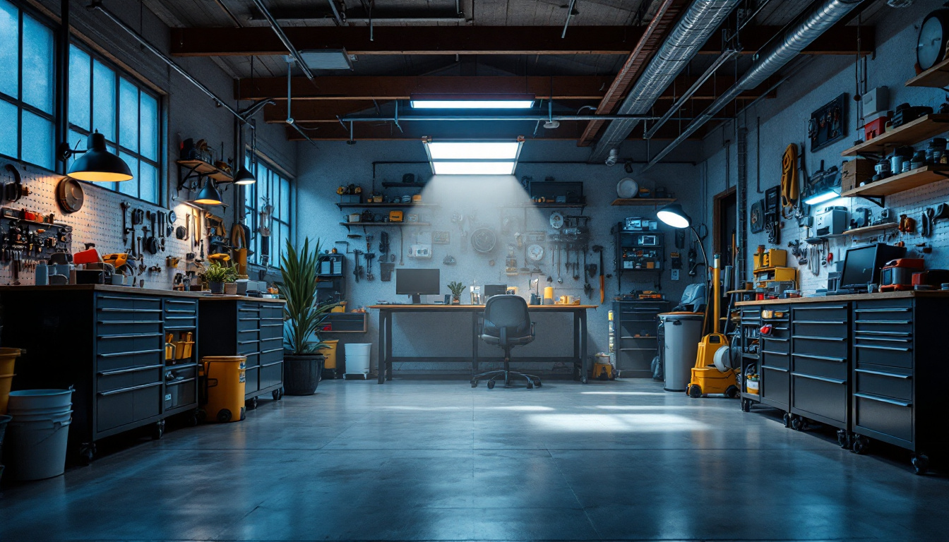 A photograph of a well-lit garage showcasing a harmonious blend of affordable yet high-quality lighting solutions