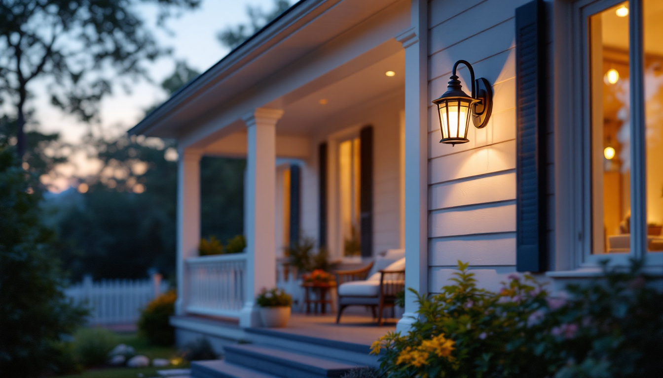 A photograph of a beautifully illuminated exterior porch featuring a stylish porch light