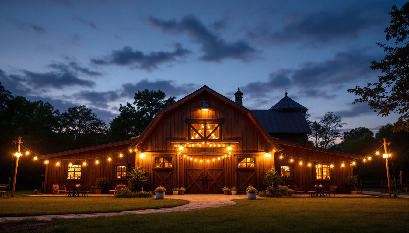 A photograph of a beautifully lit outdoor barn setting featuring a variety of stylish barn light fixtures