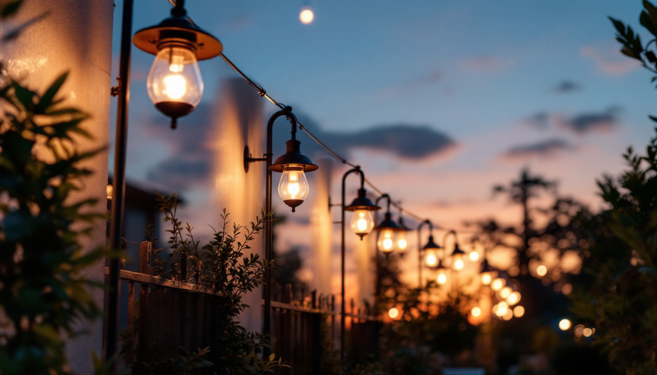 A photograph of an outdoor space beautifully illuminated by various styles of mounted lights at dusk