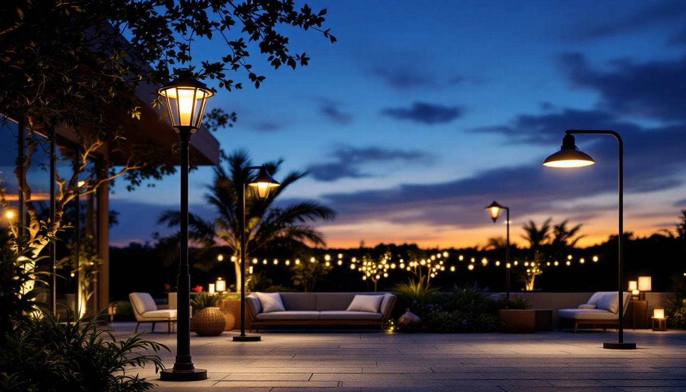 A photograph of a beautifully illuminated outdoor space featuring a variety of stylish light fixtures in use