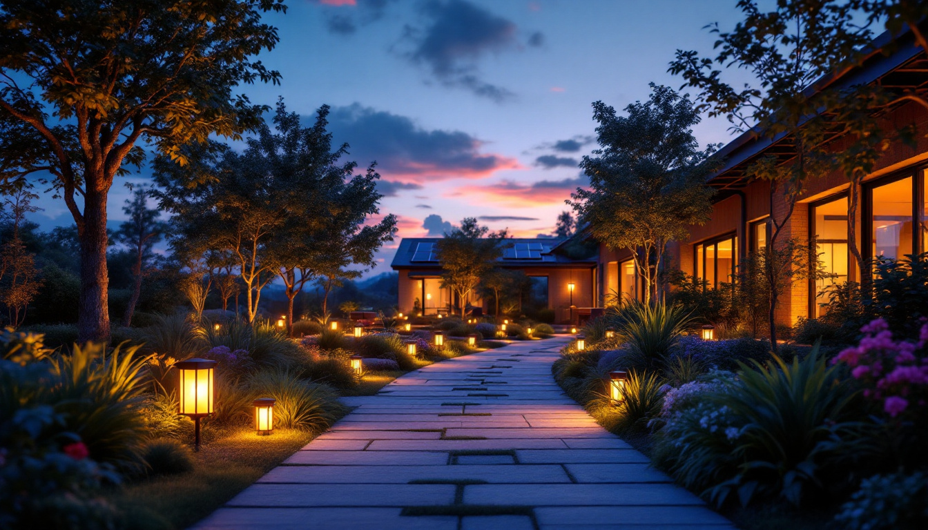 A photograph of a beautifully lit outdoor space at dusk