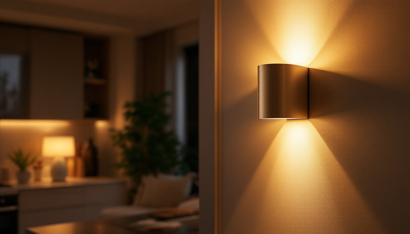 A photograph of a stylish led wall sconce elegantly illuminated in a modern interior setting