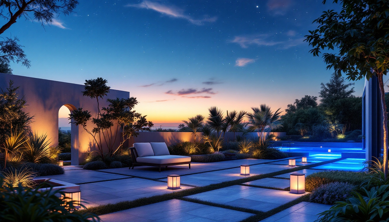 A photograph of a beautifully illuminated outdoor space transitioning from dusk to dawn