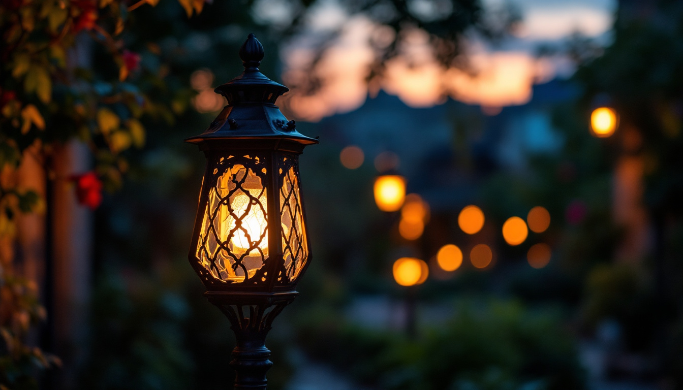 A photograph of a beautifully crafted gaslight lamp illuminated at dusk