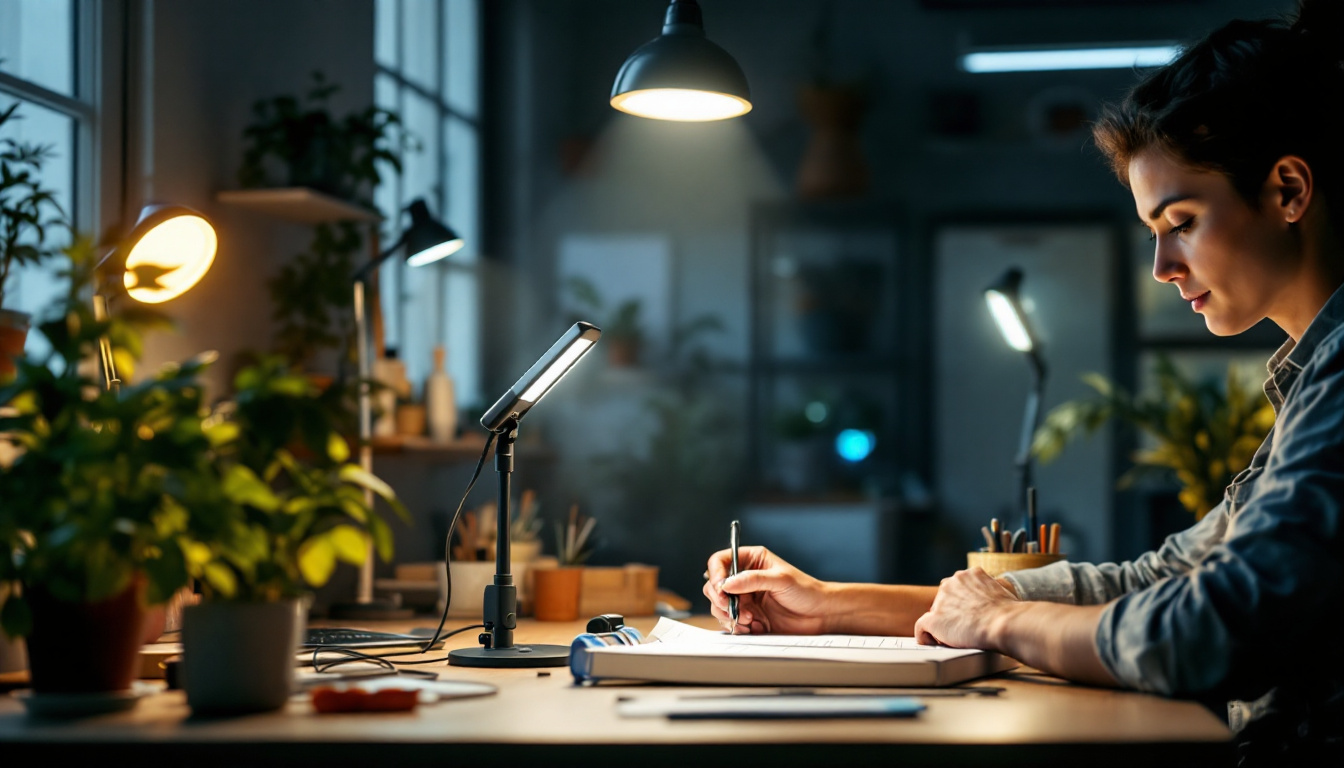 A photograph of a brightly lit workspace featuring a variety of led work lights in use