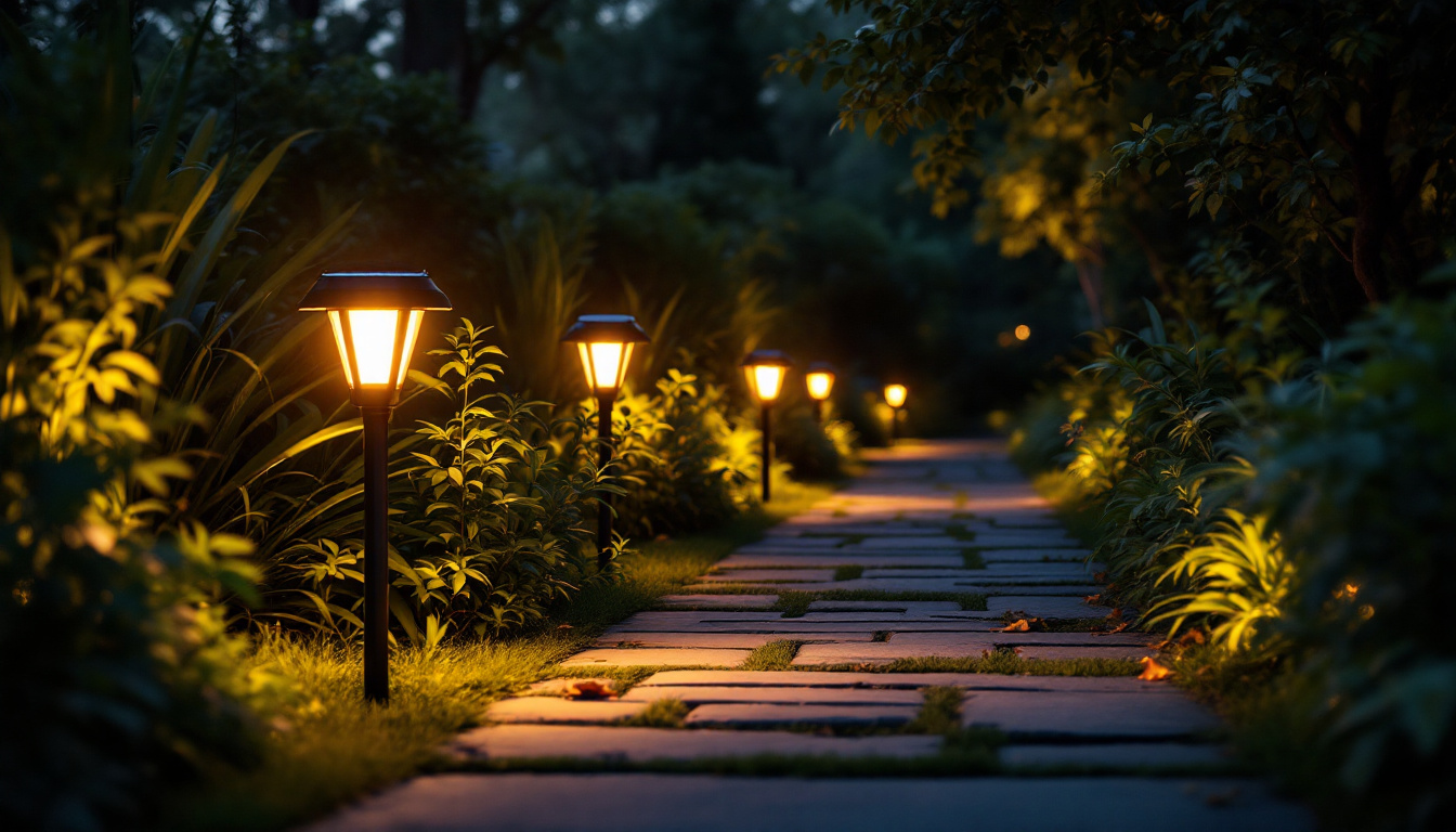 A photograph of a beautifully illuminated outdoor pathway lined with solar pathway lights