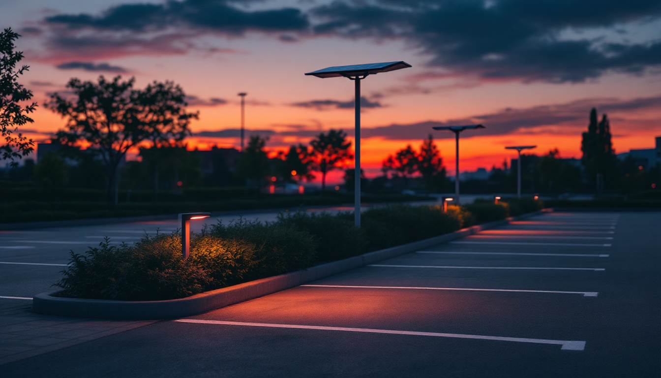 A photograph of a solar-powered parking lot illuminated at dusk